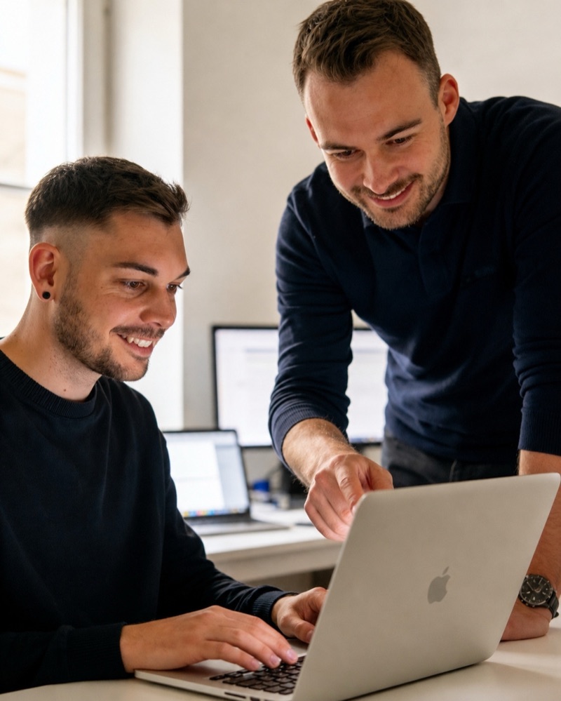 Leopold und Dennis von ProzessWerk arbeiten gemeinsam am Laptop — KI-generiertes Bild